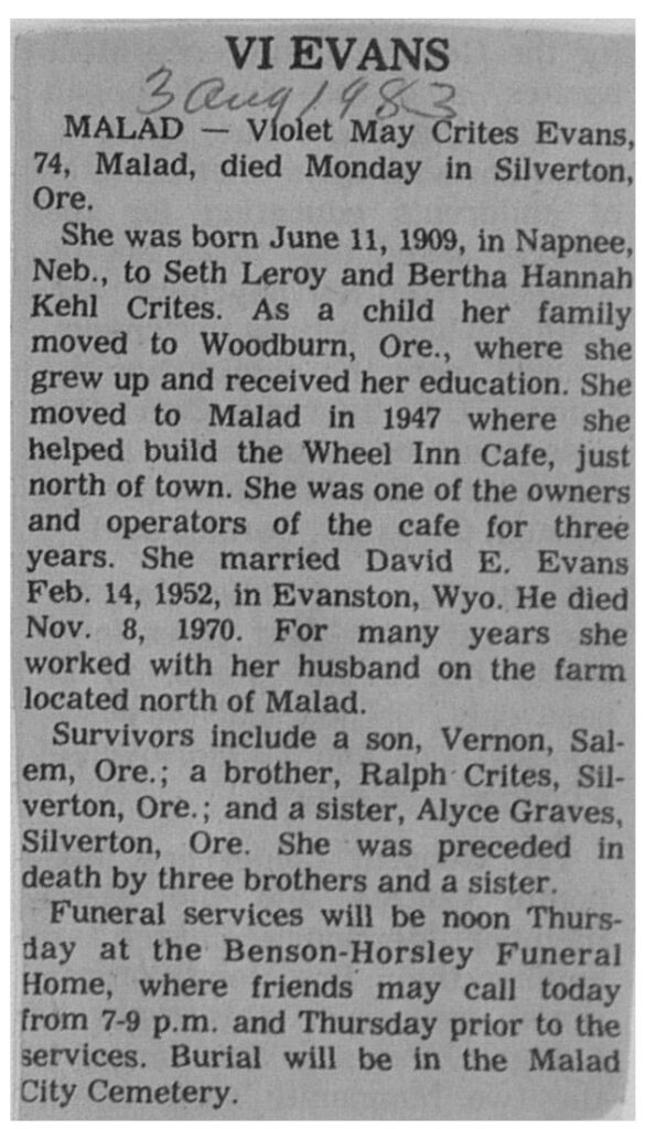 Violet May Crites Evans obit