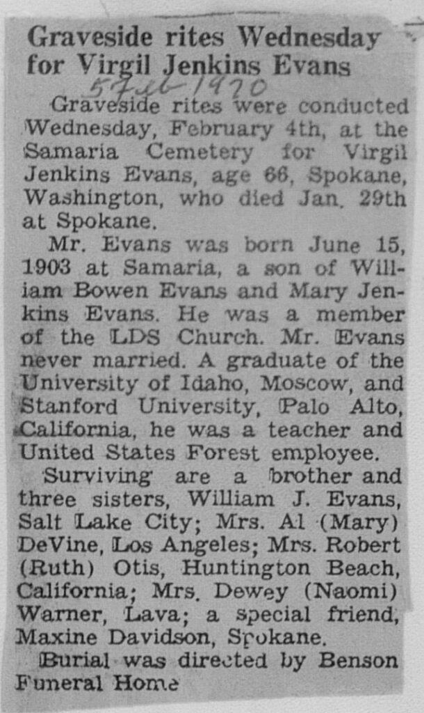 Virgil Jenkins Evans obit