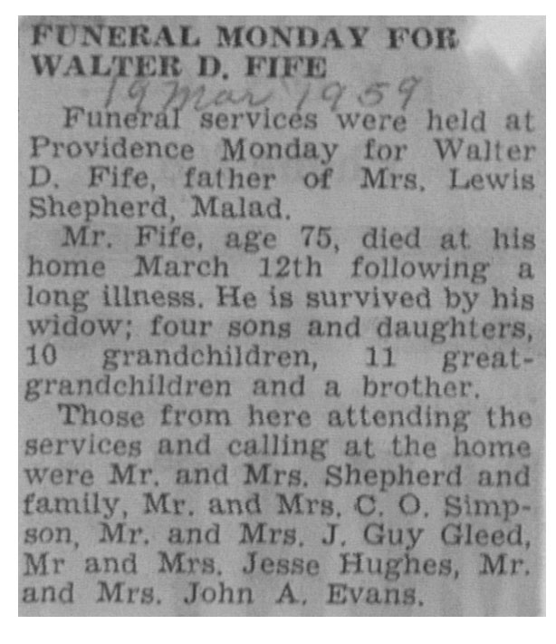 Walter D Fife obit