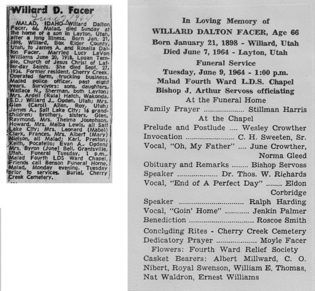Willard Dalton Facer obit and program