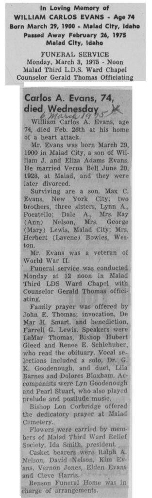 William Carlos A Evans obit and funeral