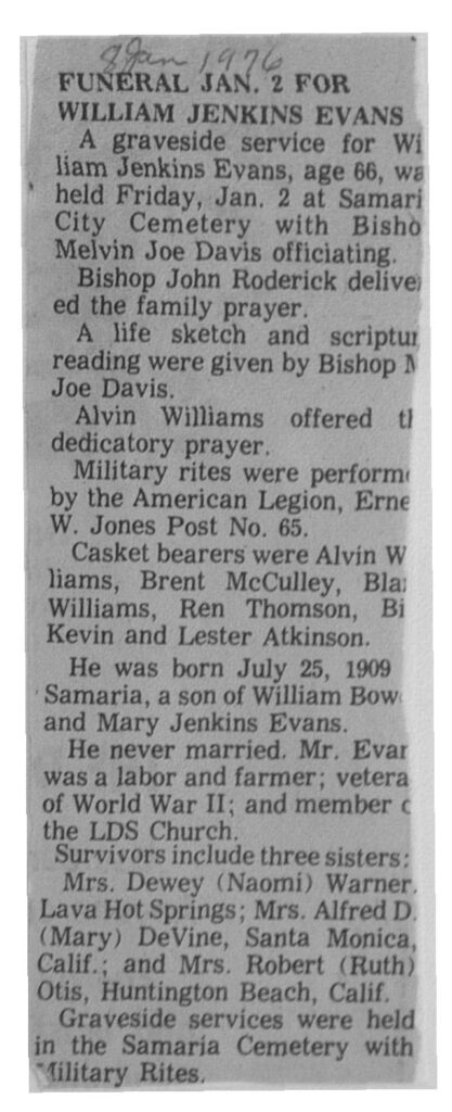William Jenkins Evans obit and funeral