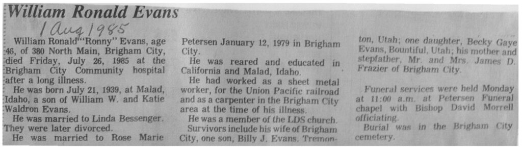 William Ronald (Ronny) Evans obit