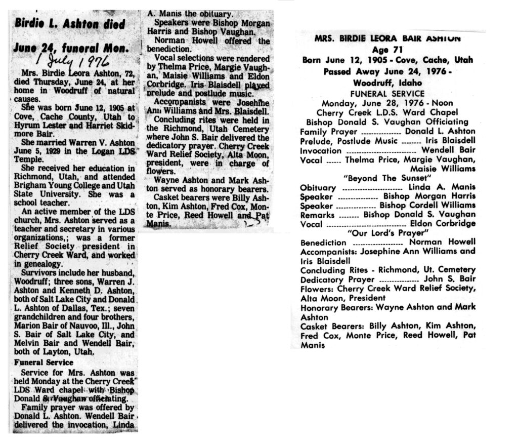 Birdie Leora Bair Ashton obit and funeral