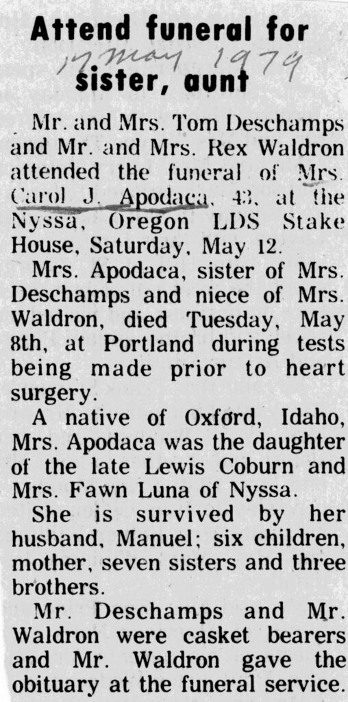 Carol J Apodaca obit