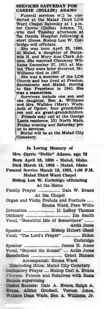 Carrie (Dollie) Adams obit and funeral