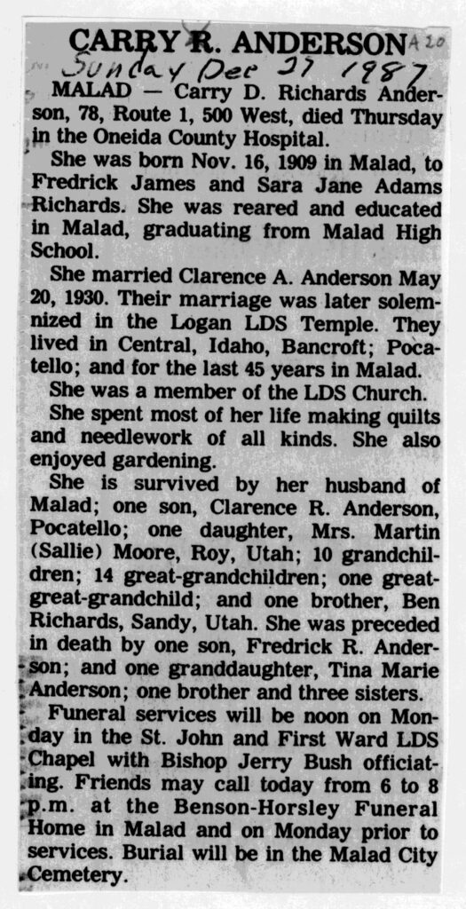 Carry D Richards Anderson obit