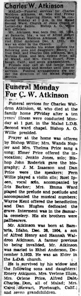 Charles Waldron Atkinson obit and funeral