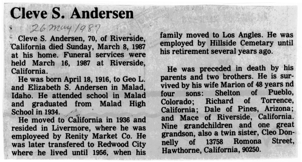 Cleve S Andersen obit