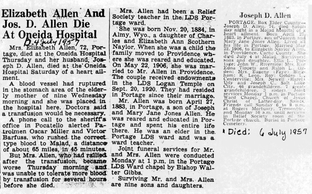 Elizabeth Allen & Joseph D Allen obit