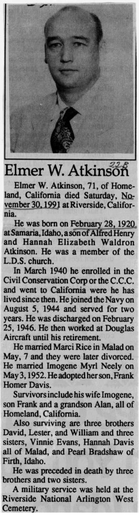 Elmer W Atkinson obit