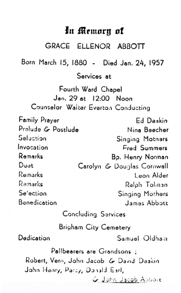 Grace Ellenor Abbott funeral program
