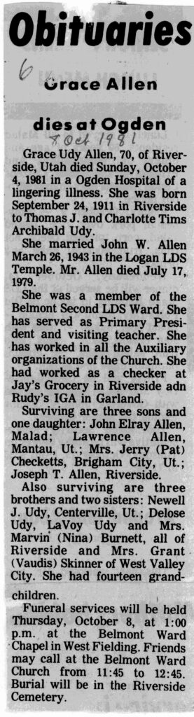 Grace Udy Allen obit