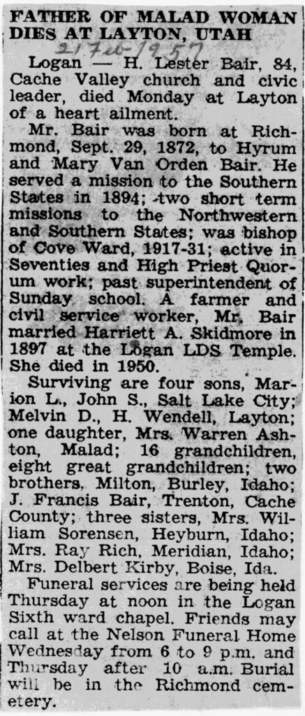 H Lester Bair obit