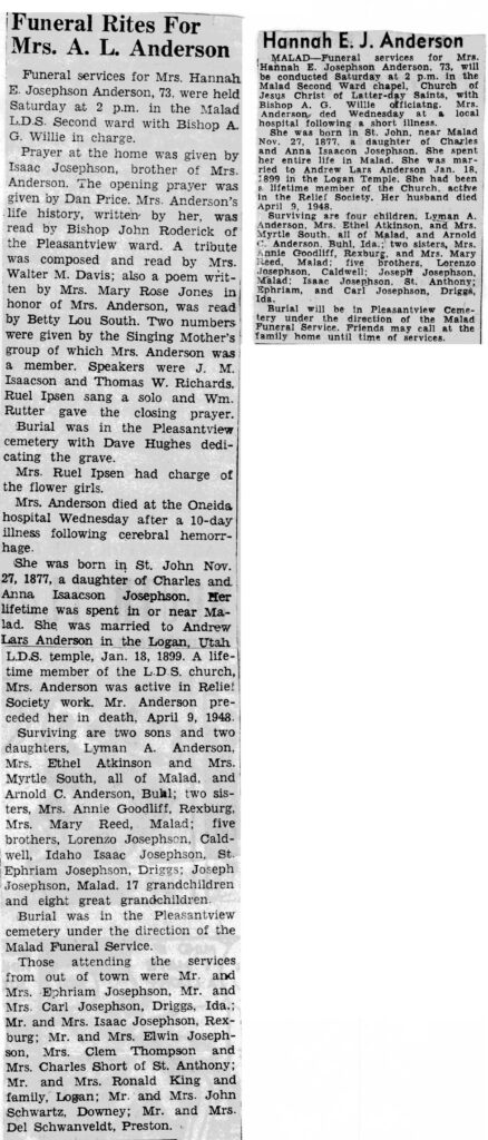 Hannah E Josephson Anderson obit andfuneral