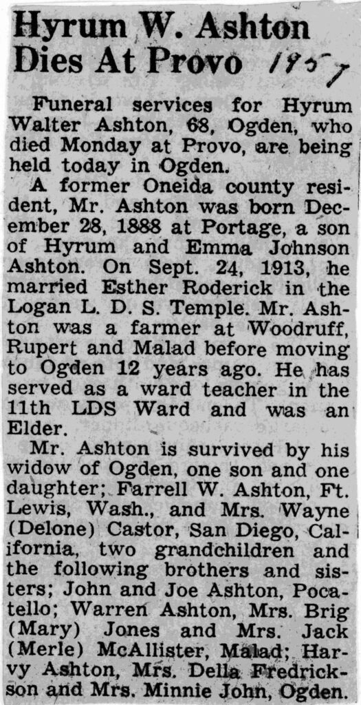 Hyrum Walter Ashton obit