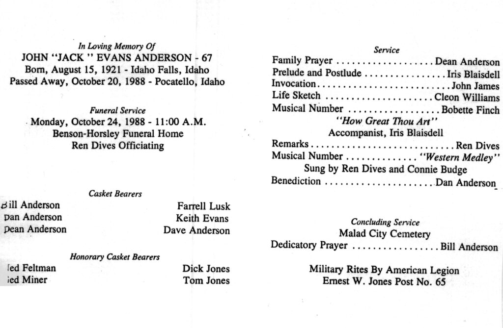 John (Jack) Evans Anderson funeral program