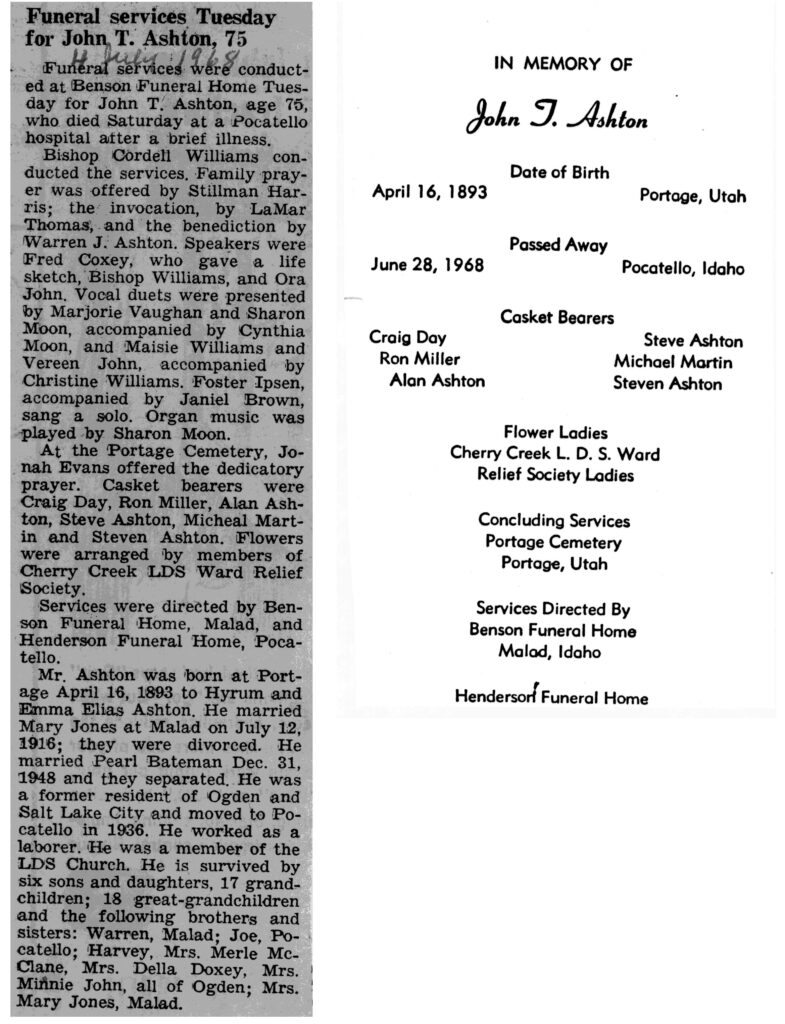John T Ashton funeral and obit