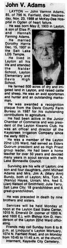 John Vernon Adams obit