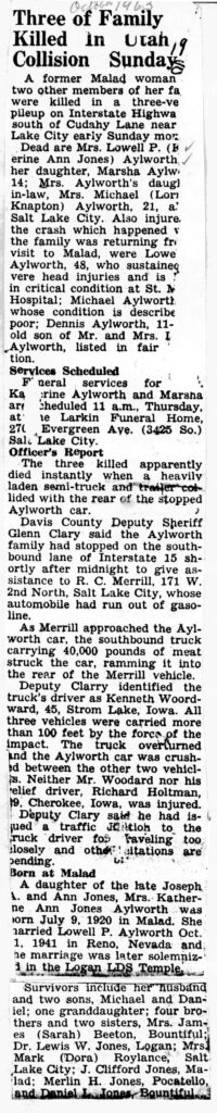 Katherine Ann Jones Aylworth obit and accident report