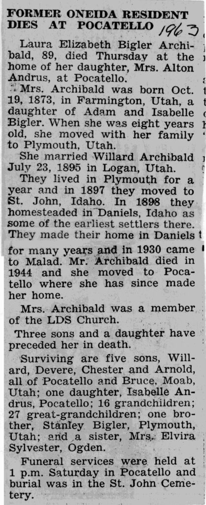 Laura Elizabeth Bigler Archibald obit