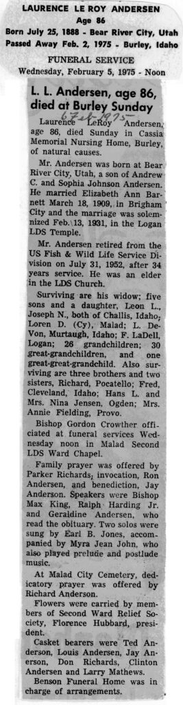 Laurence LeRoy Andersen obit and funeral