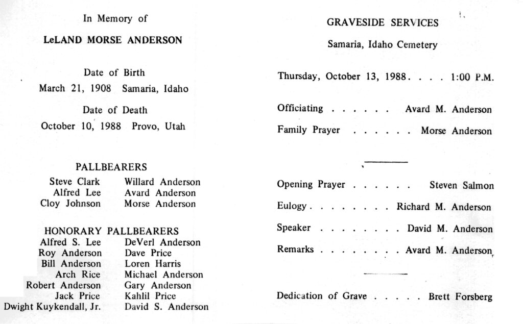 Leland Morse Anderson funeral program