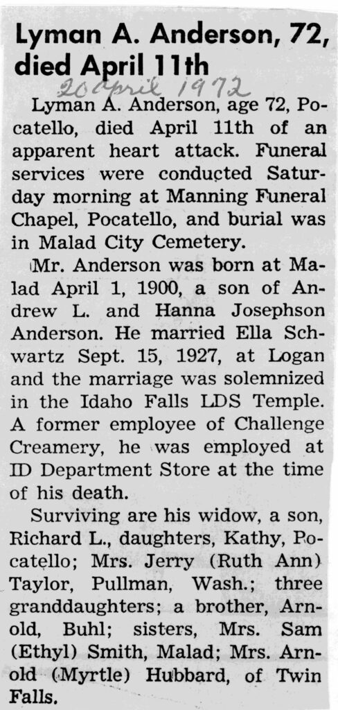 Lyman A Anderson obit