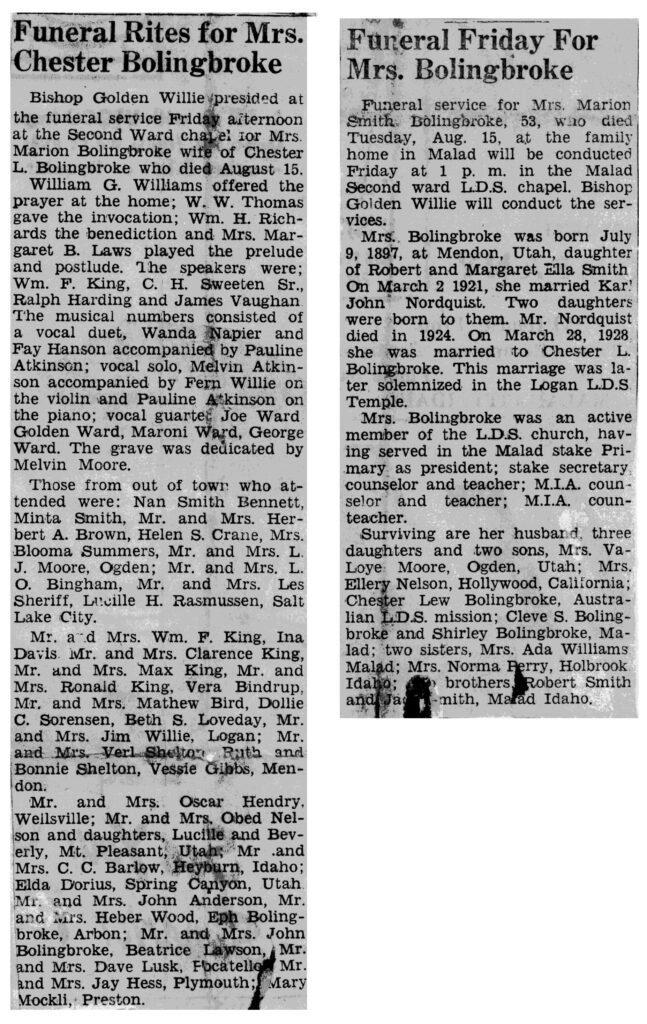 Marion Smith Bolingbroke obit and funeral