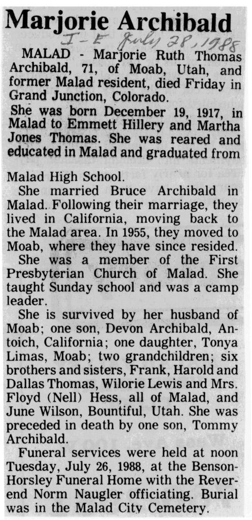 Marjorie Ruth Thomas Archibald obit