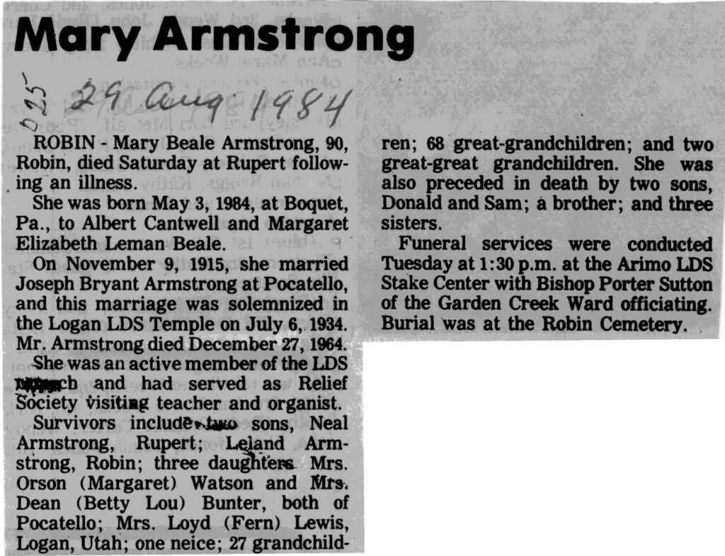 Mary Beale Armstrong obit