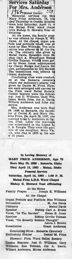 Mary Price Anderson obit and funeral