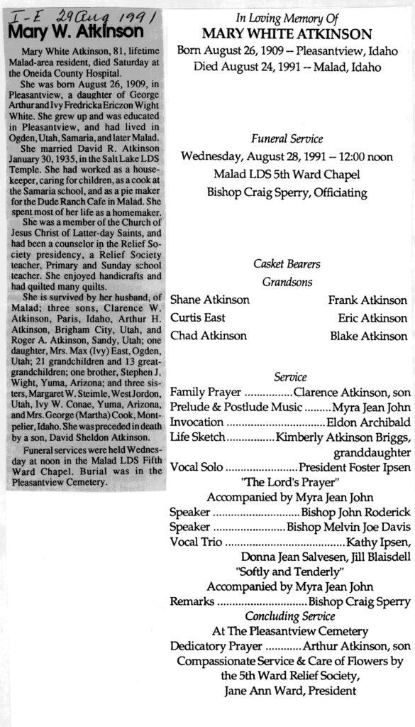 Mary White Atkinson obit and funeral