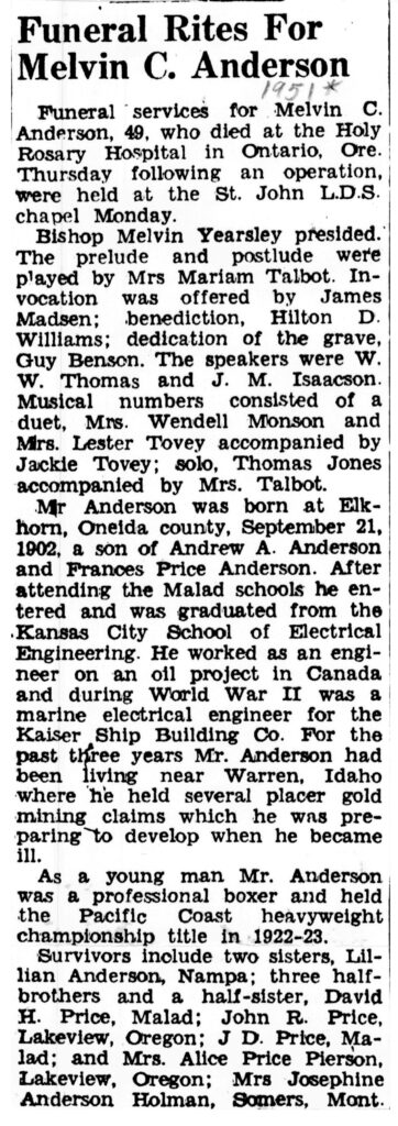 Melvin C Anderson obit and funeral