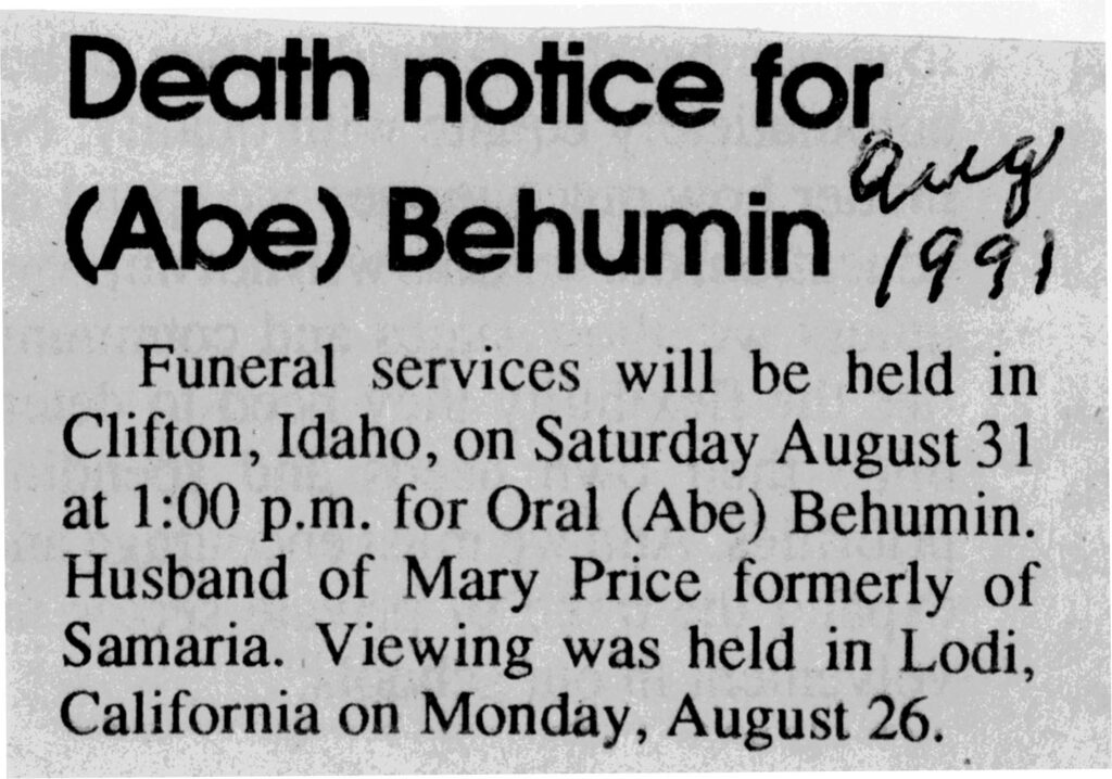 Oral (Abe) Behumin death notice