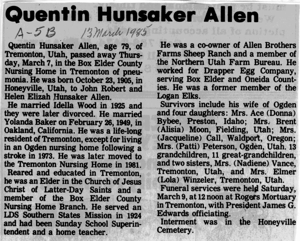 Quentin Hunsaker Allen obit