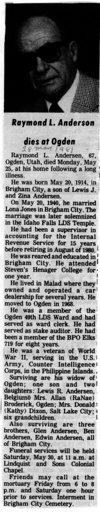 Raymond L Andersen obit