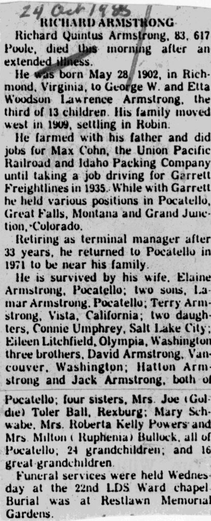 Richard Quintus Armstrong obit