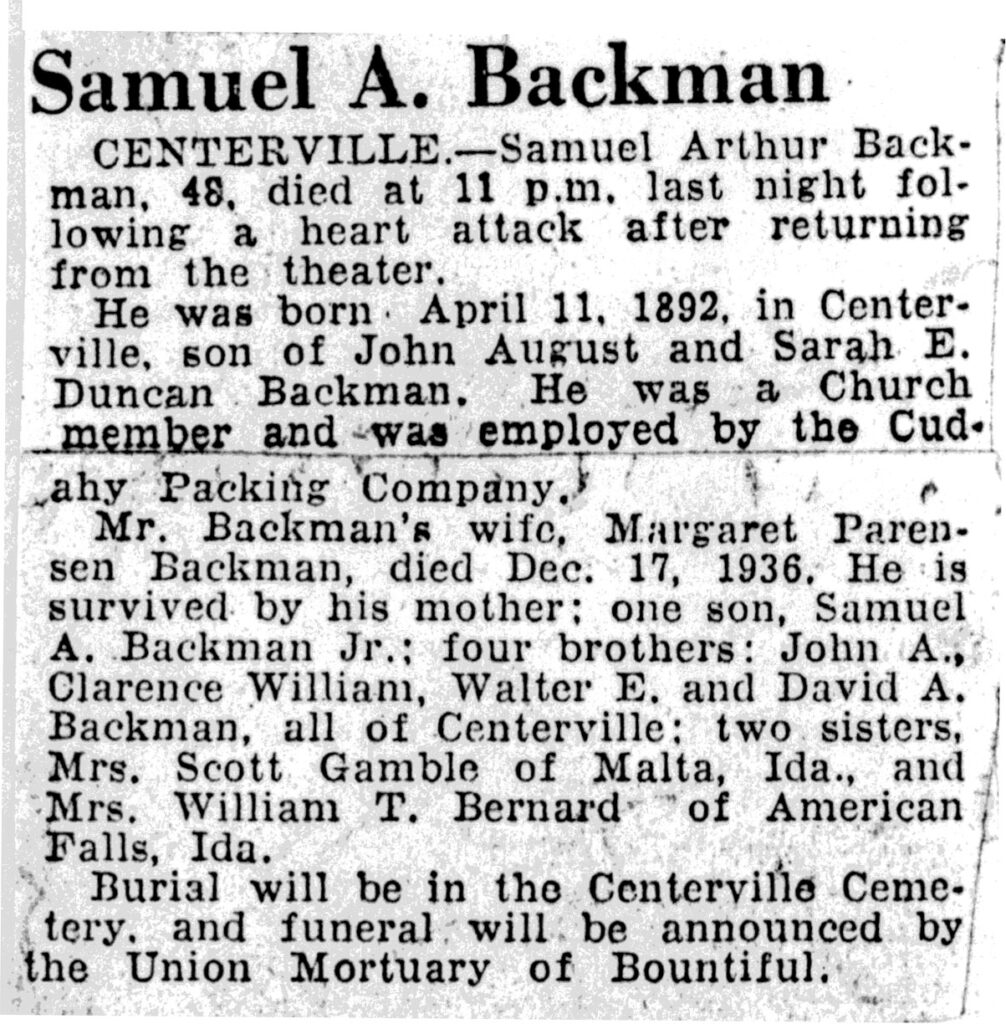 Samuel Arthur Backman obit