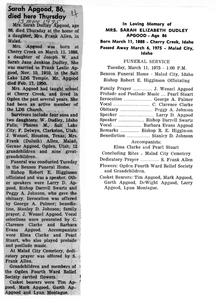 Sarah Elizabeth Dudley Apgood obit and funeral