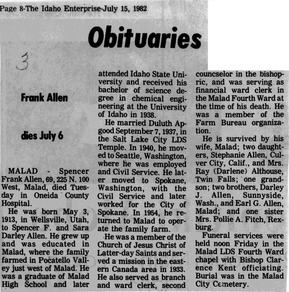 Spencer Frank Allen obit