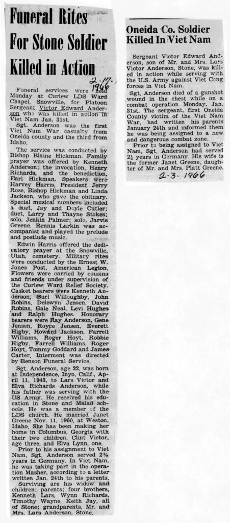 Victor Edward Anderson obit& funeral