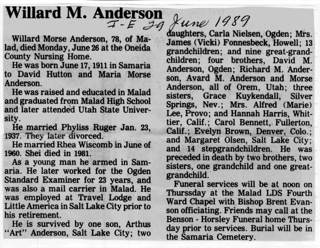 Willard Morse Anderson obit