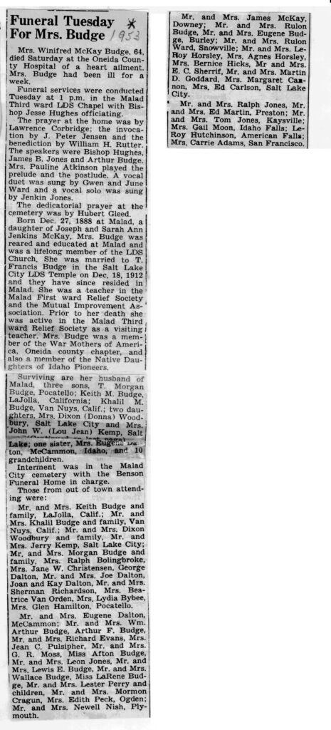 Winifred McKay Budge funeral