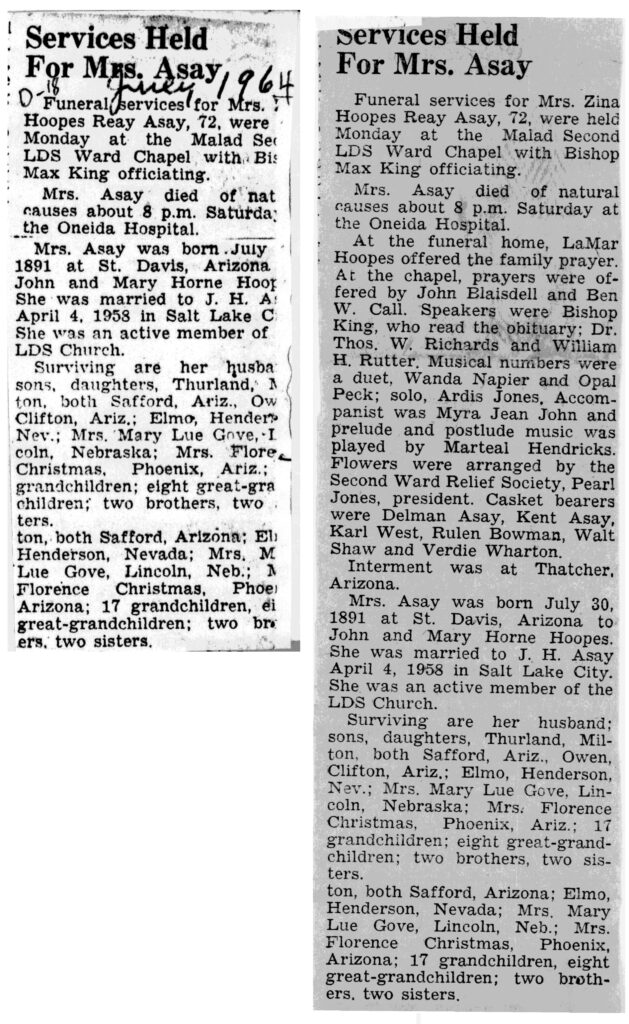 Zina Hoopes Reay Asay obit and funeral