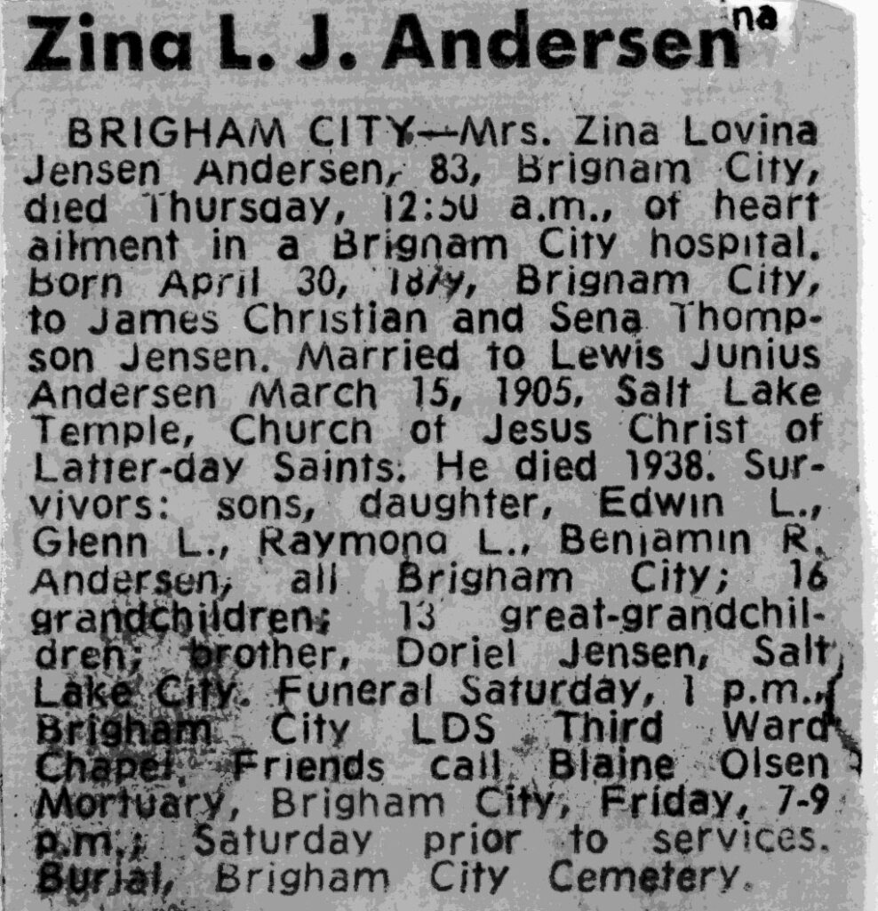 Zina Lovina Jensen Andersen obit