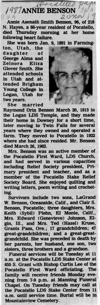 Annie Asenath Smith Benson obit