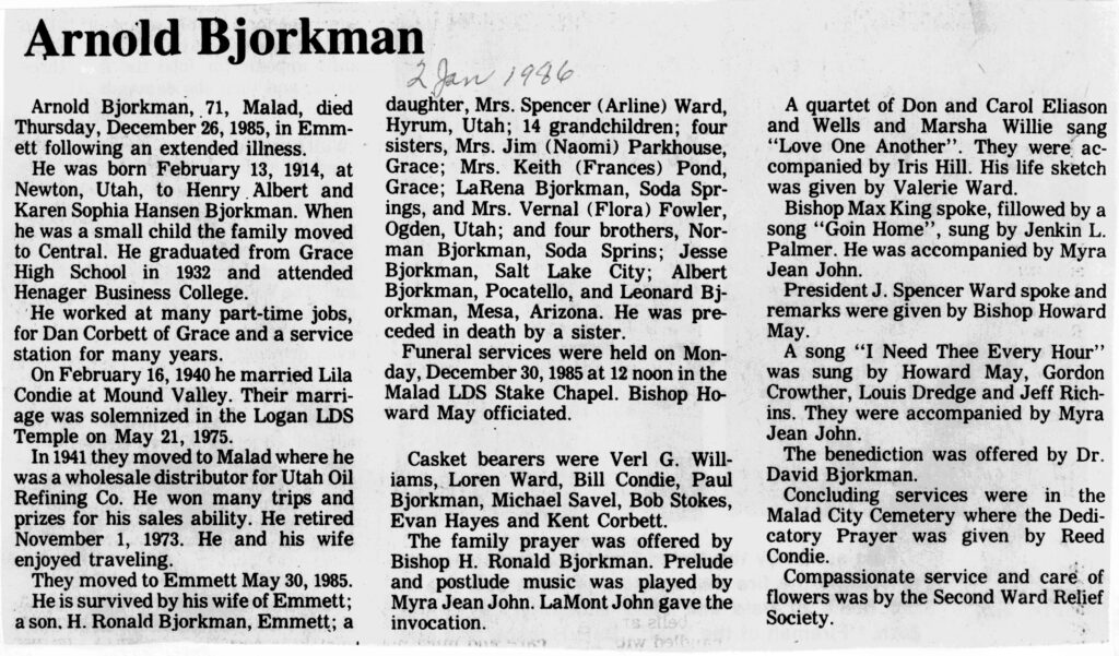 Arnold Bjorkman obit and funeral