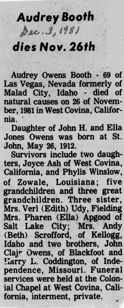 Audrey Owens Booth obit