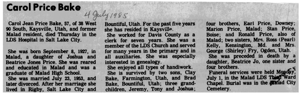 Carol Jean Price Bake obit
